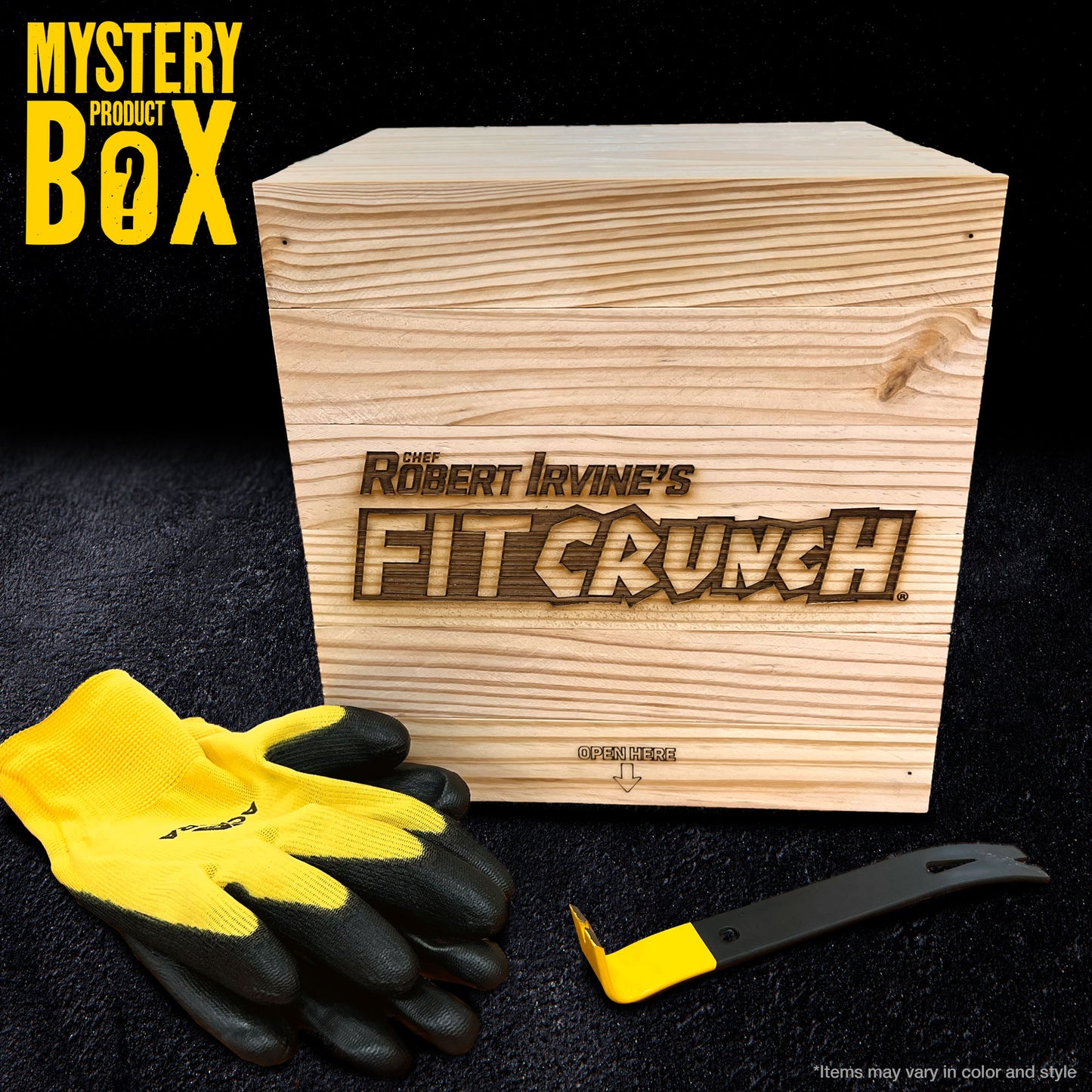 mystery product box and wooden box with gloves and pry bar